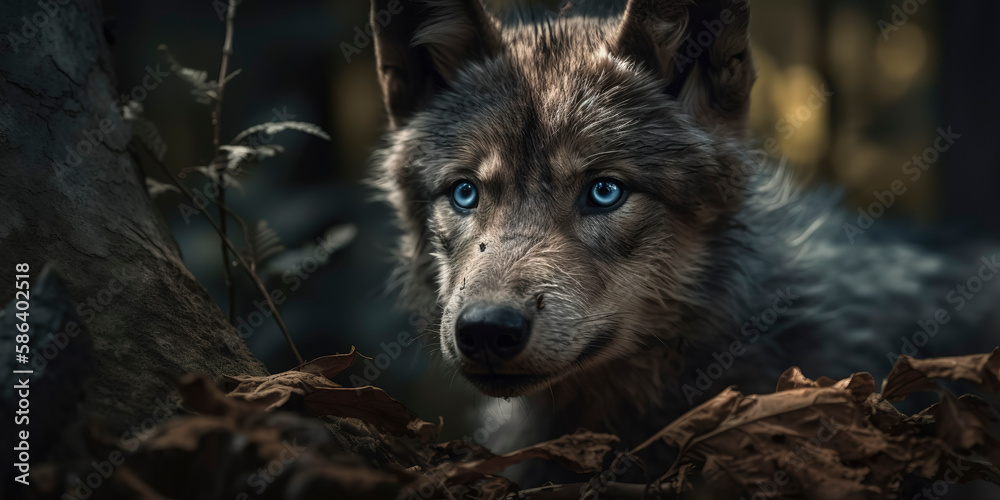 Fototapeta premium Majestic grey wolf cub with piercing blue eyes in a stunning photo. Generative AI