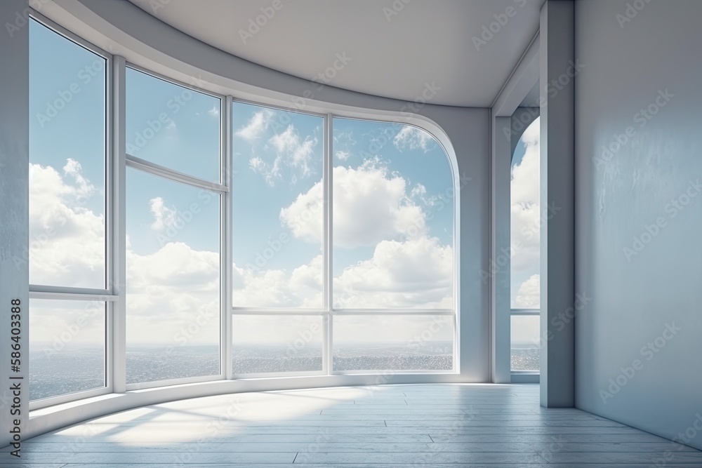 Fototapeta premium an empty room with a panoramic view of a cityscape through a large window. Generative AI