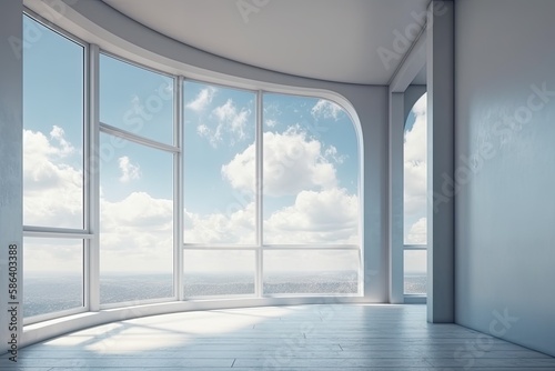an empty room with a panoramic view of a cityscape through a large window. Generative AI