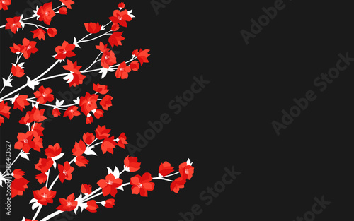 Cherry blossom branch with red flower banner, template or card. Elegant Japanese blooming twig plant with flowers. Asian Chinese spring blossoming dark background. Vector oriental illustration