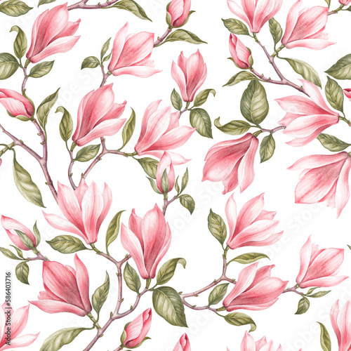 Pink floral seamless pattern. Watercolor magnolia flower