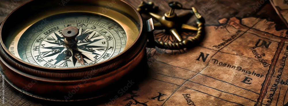 antique compass in map background, in horizontal layout banner with copy space, generative ai