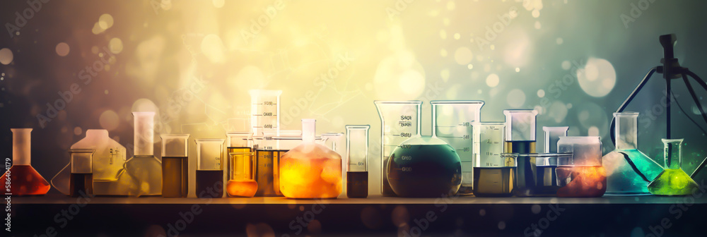 chemistry tools background, horizontal layout banner with copy space, generative ai