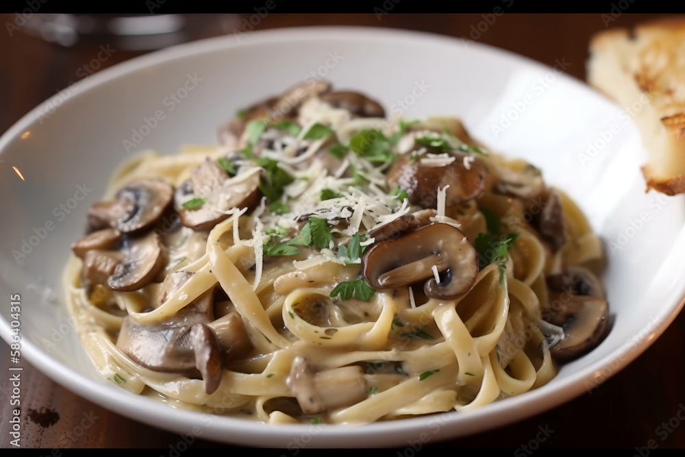 Fettuccine mushroom close-up. Ai generated. Fettuccine mushroom close-up. Ai generated.