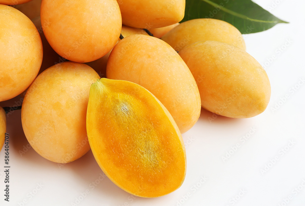 Fresh Marian Plum, (Bouea macrophylla Griffith), Ripe plum mango on white background.