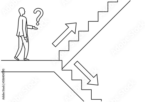 A person stands in a flight of stairs and does not know where to go up or down. Difficulty in choosing direction.