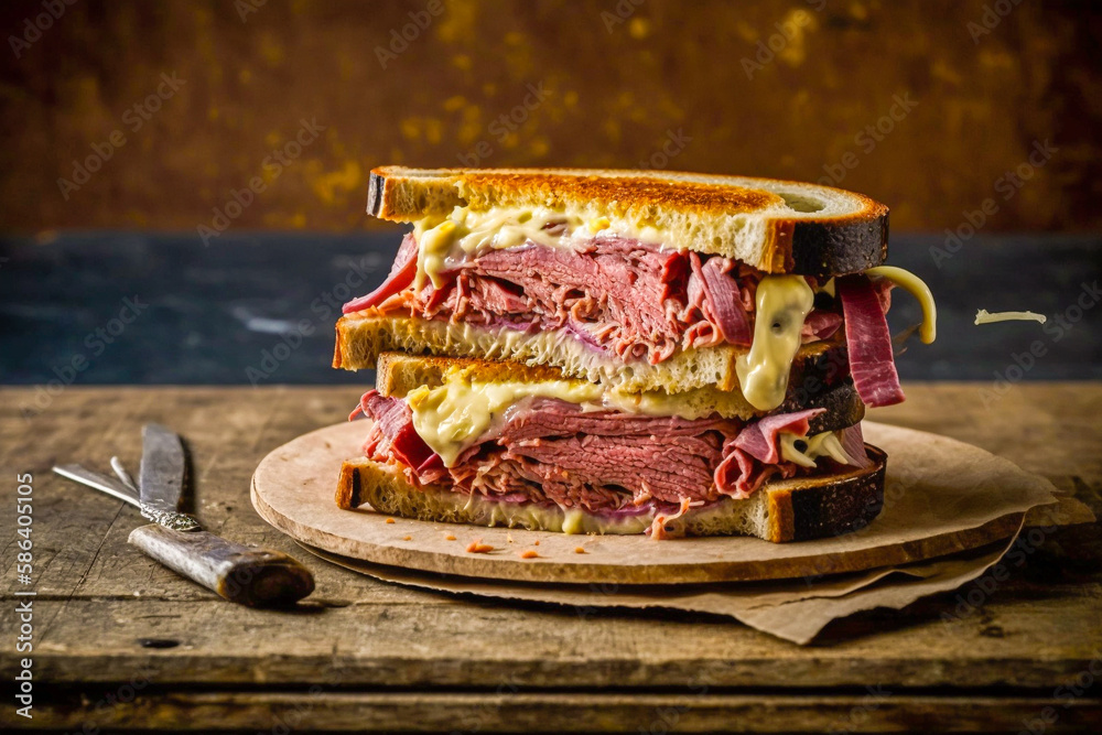 Reuben Sandwich (a North American grilled sandwich composed of corned