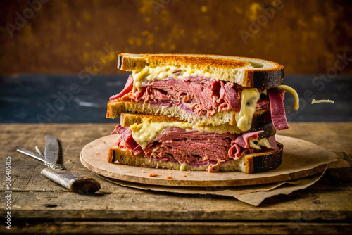 Reuben Sandwich (a North American grilled sandwich composed of corned beef, Swiss cheese, sauerkraut, and Thousand Island dressing) on a plate in retro mood. Highly detailed. Made with Generative AI photo