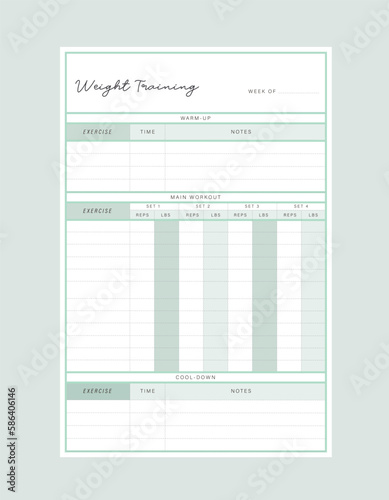 Weight Training Planner. Plan you food day easily. Vector illustration.