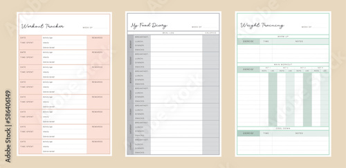 3 set Weight Training, Food Diary and workout tracker Planner. Plan you food day easily. Vector illustration.