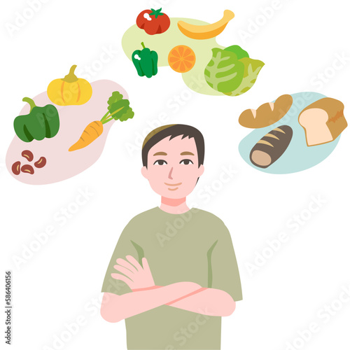 自信ありげに腕を組むベジタリアンの若い男性と彼が日常食べている健康的な食べ物の背景