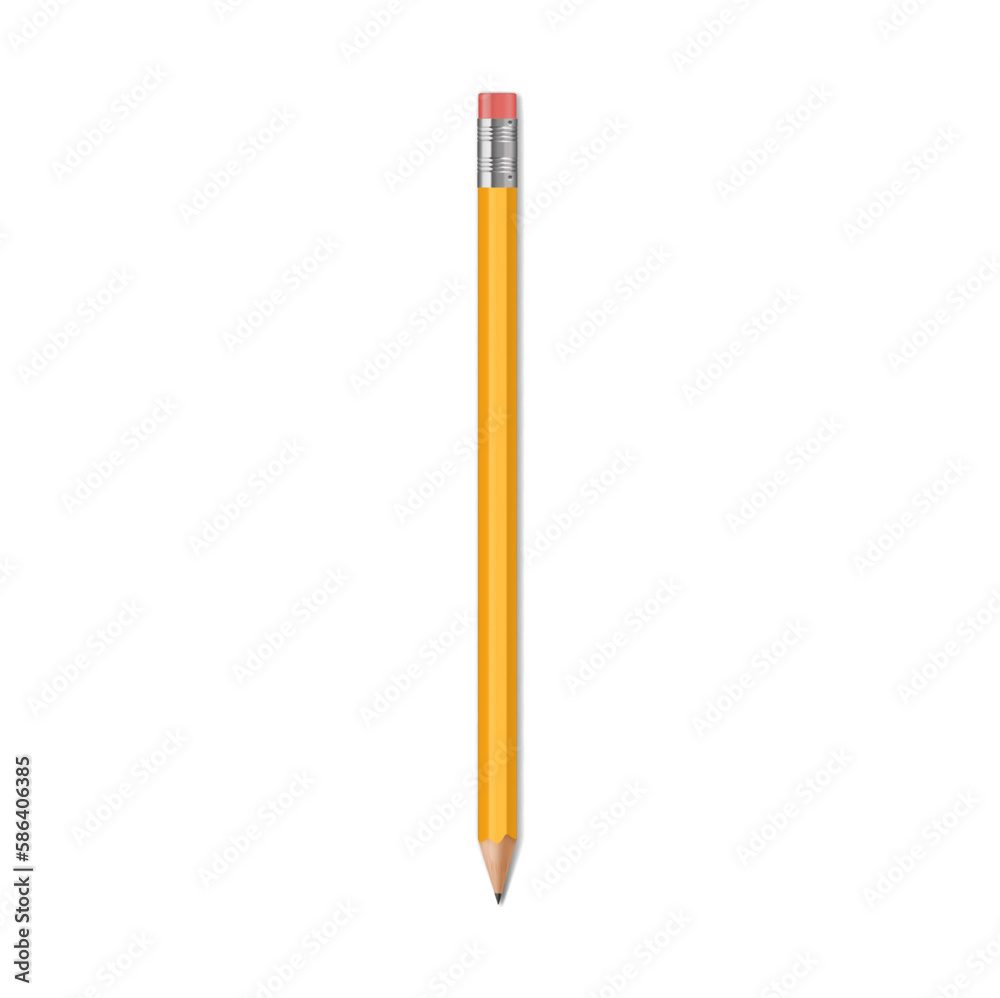 Realistic pencil, isolated vector yellow wooden writing tool with rubber eraser. Sharpened detailed office stationery mockup, school instrument. Creativity, idea, education and design symbol Realistic pencil, isolated vector yellow wooden writing tool with rubber eraser. Sharpened detailed office stationery mockup, school instrument. Creativity, idea, education and design symbol
