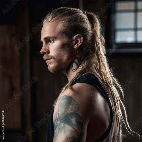looking straight ahead, muscular, tattooed handsome man, long blond hair tied in a ponytail