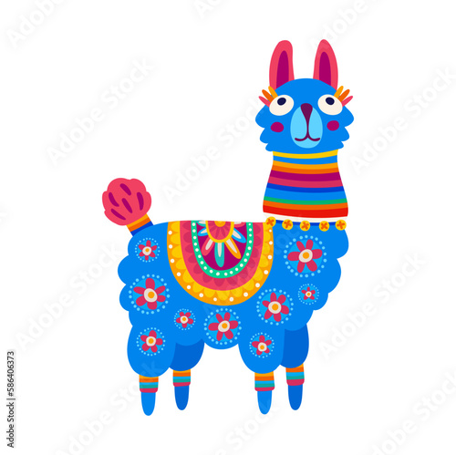 Cute farm llama animal isolated cute cartoon character. Vector alpaca, guanaco llama with furry face and ears, ethnic colorful design