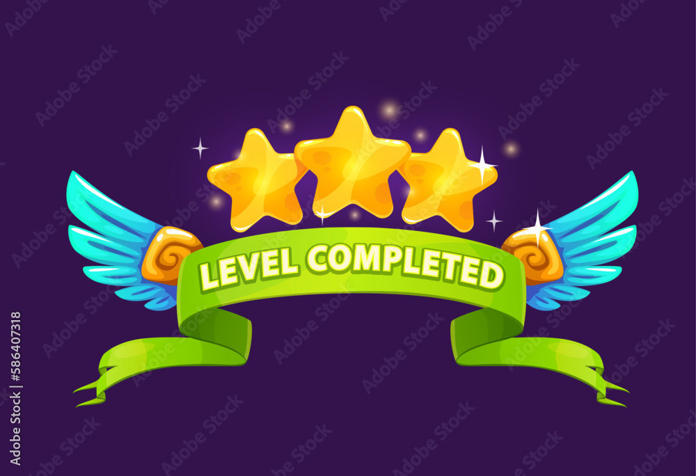 Obraz premium Game level complete badge or icon. Vector ui or gui interface element, gold reward popup stars with blue wings and green banner. Award bonus for mobile app, video or online game successful competition