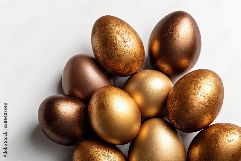 heap of gleaming gold eggs on a blank backdrop. Generative AI heap of gleaming gold eggs on a blank backdrop. Generative AI