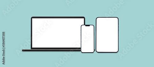 laptop, phone and tablet on a blue background with the screens transparent png - easy modification