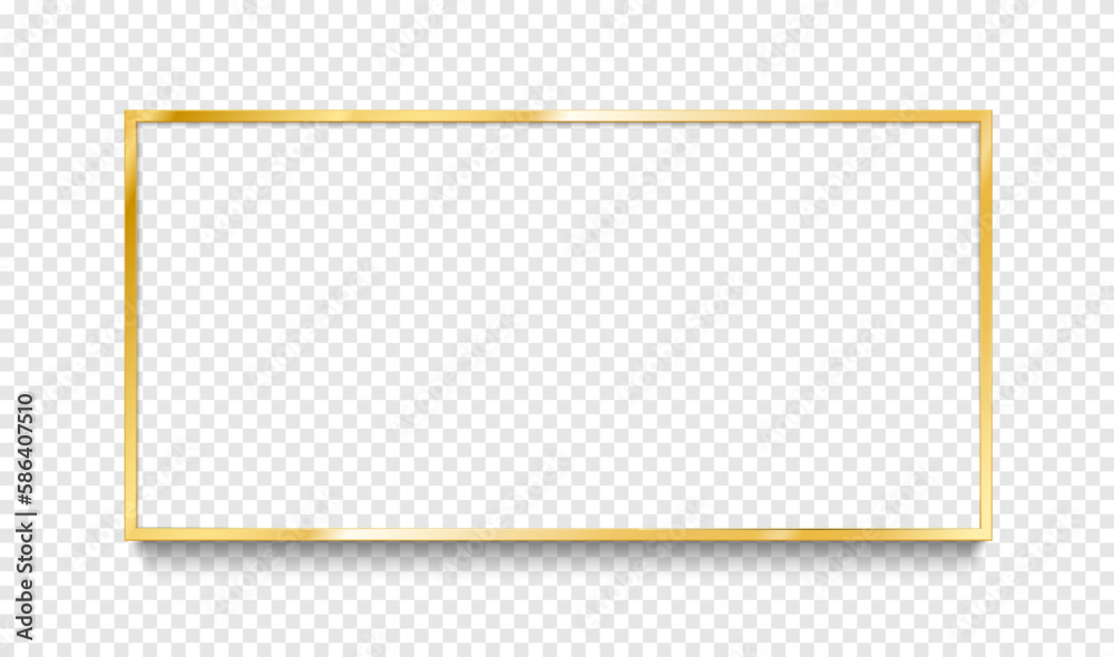 Golden frame or gold border, isolated vector on transparent background. Luxury golden frame for banner, square gold boarder of shiny metal line and golden light shine for boarder frame