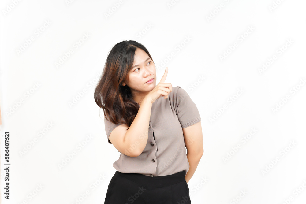 Showing Product and Pointing Side using forefinger Of Beautiful Asian Woman Isolated On White Showing Product and Pointing Side using forefinger Of Beautiful Asian Woman Isolated On White