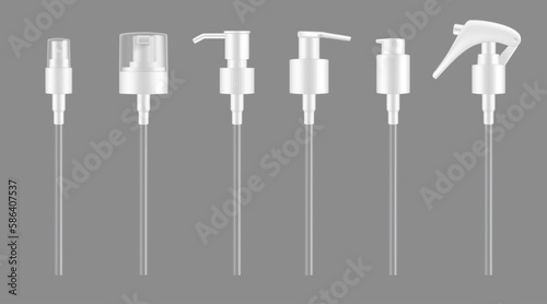 Pump droppers, isolated vector 3d bottle or cosmetic container spray caps mockup. White plastic pumps for lotion, shampoo or atomizer sprayer and liquid soap dispenser lid with trigger and nozzle