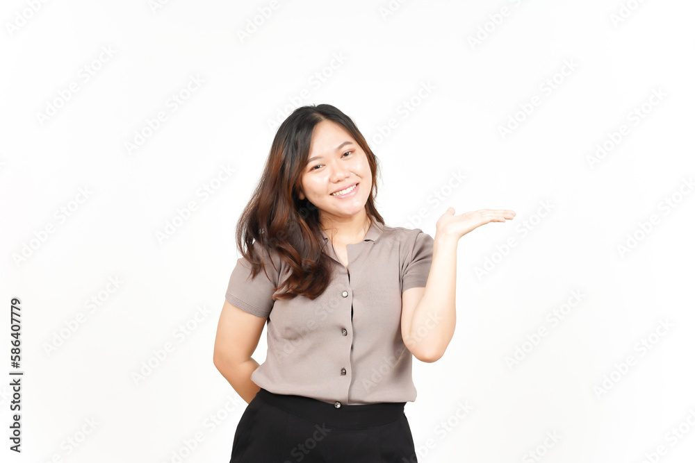 Showing and Presenting Product on Open Palm Of Beautiful Asian Woman Isolated On White Background Showing and Presenting Product on Open Palm Of Beautiful Asian Woman Isolated On White Background