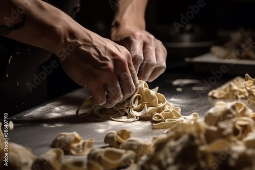 The finest detail of A chef hand cooking fettuccine mushroom. Ai generated.