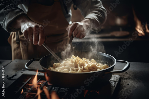 The finest detail of A chef wearing white grove cooking pasta. Ai generated.