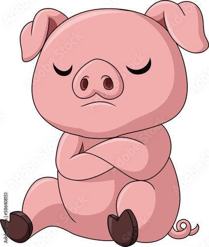 Cute sad pig cartoon on white background