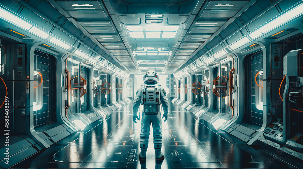 Astronaut and Spaceship Interior Round.Space Sci-fi technology, spaceman discovery in the spaceship.Generative ai.