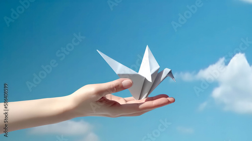  praying hand and origami free bird enjoying nature on blue sky background, hope concept.Generative AI.