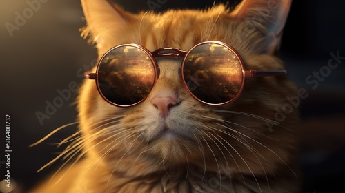 Closeup portrait of funny ginger cat wearing sunglasses. Created with generative AI.