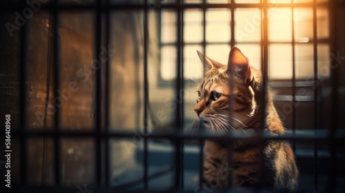 Sad animal shelter cat behind bars in a cage. Created with generative AI. 