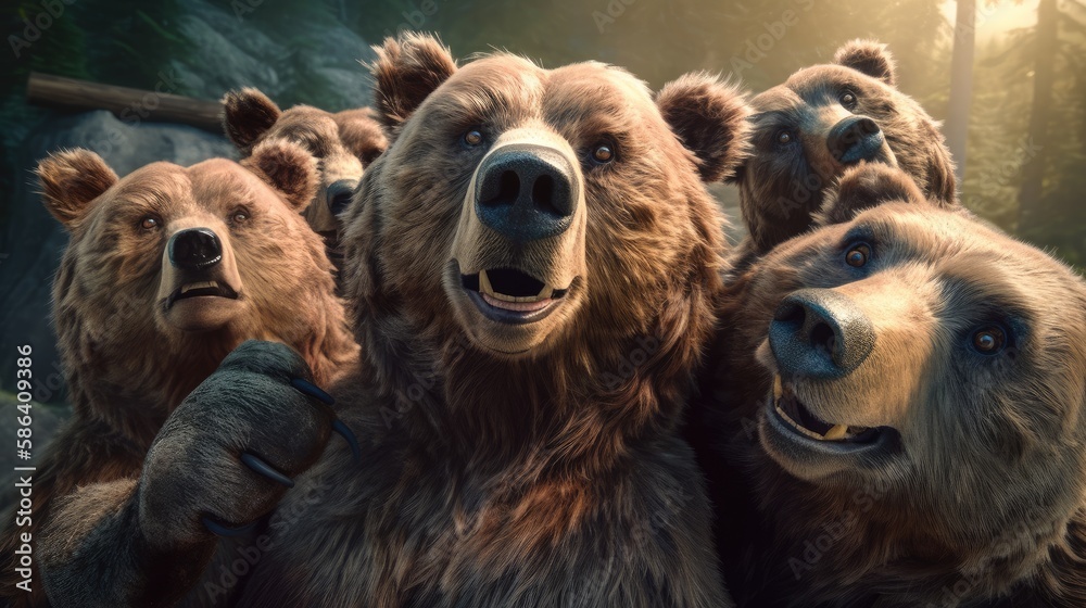 Obraz premium A group of bears taking a selfie. Created with Generative AI.