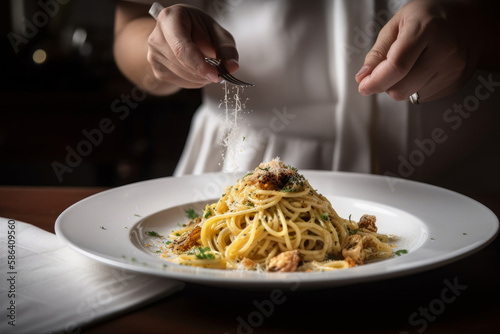 The finest detail of Linguine Carbonara. Ai generated.