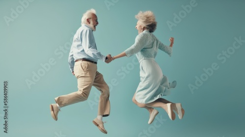 Experience the Vitality and Positivity of Elderly Jumping Couples, GENERATIVE AI