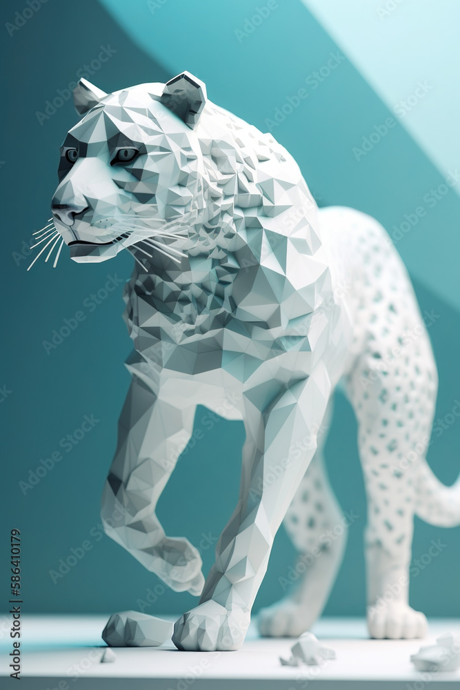 Fototapeta premium White background, hyper sharp 3D leopard puma, paper origami, pastel colours