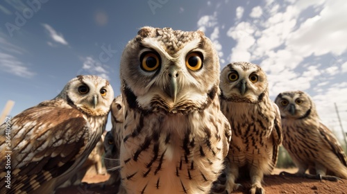 A group of owls taking a selfie. Created with generative AI.