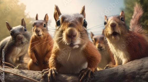 Fotografiet a group of squirrels taking a selfie. Created with Generative AI.