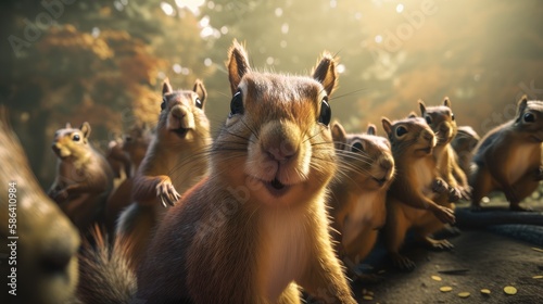 a group of squirrels taking a selfie. Created with Generative AI.