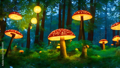 Magical Glowing Mushrooms in the Forest Generative AI