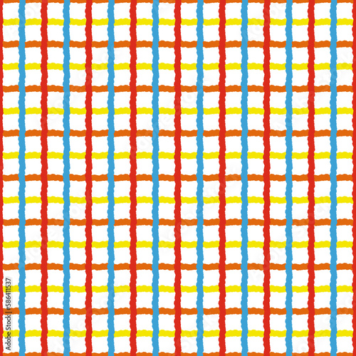A red, yellow, and blue plaid pattern with a red square.