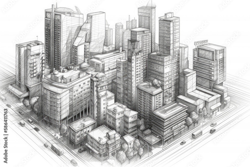 bustling metropolis with towering skyscrapers and busy streets, captured in a detailed pencil drawing. Generative AI