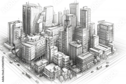 bustling metropolis with towering skyscrapers and busy streets  captured in a detailed pencil drawing. Generative AI