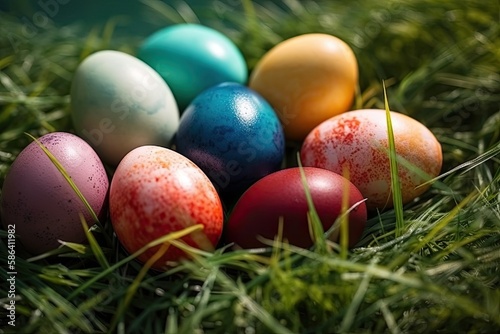 colorful Easter eggs in the green grass. Generative AI