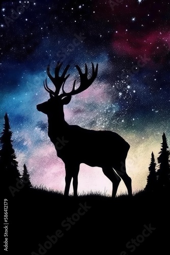 A fantasy illustration of a buck with antlers against a cosmic sky. Generative AI. 