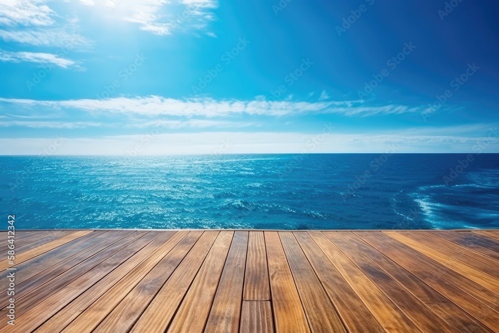Fototapeta premium Wooden Deck with Ocean View on a Sunny Da. Generative AI