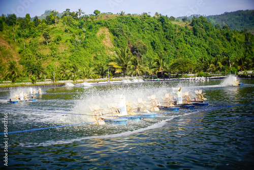 view of shrimp farm with rotating water wheel, mountains background, tambak udang.  photo