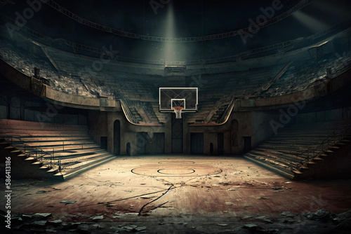 Basketball Court Dilapidated Disrepair Broken Fallen Crumbling Generative AI photo