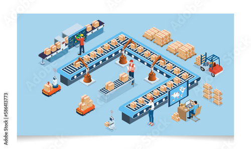 3D isometric automated warehouse robots and Smart warehouse technology Concept with Warehouse Automation System and Robot Transportation operation service. Vector illustration EPS 10