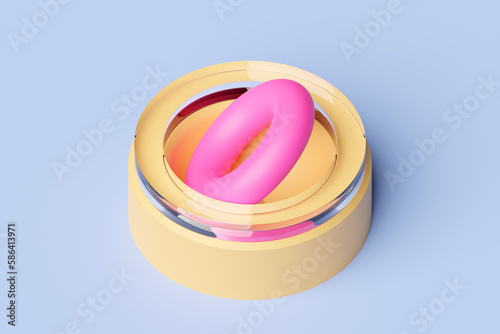 3D illustration of a pink and yellow ring, torus. Fantastic cell.Simple geometric shapes